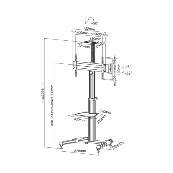 37-70 Inch Manuel Lifting Adjustable AV Trolley - Image 2