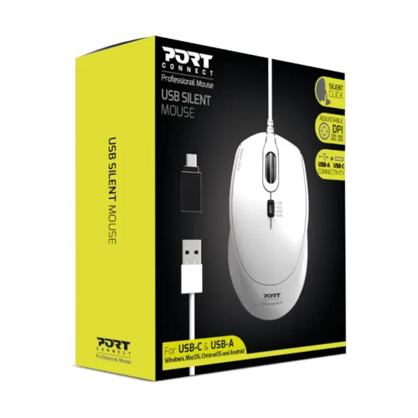 Port Connect Wired USB Type-C 3600DPI Mouse - White - Image 2